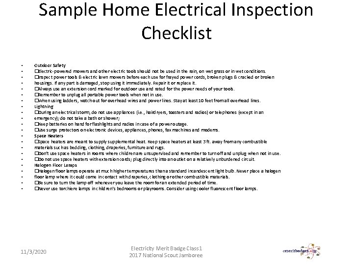 Sample Home Electrical Inspection Checklist • • • • • • Outdoor Safety �Electric-powered