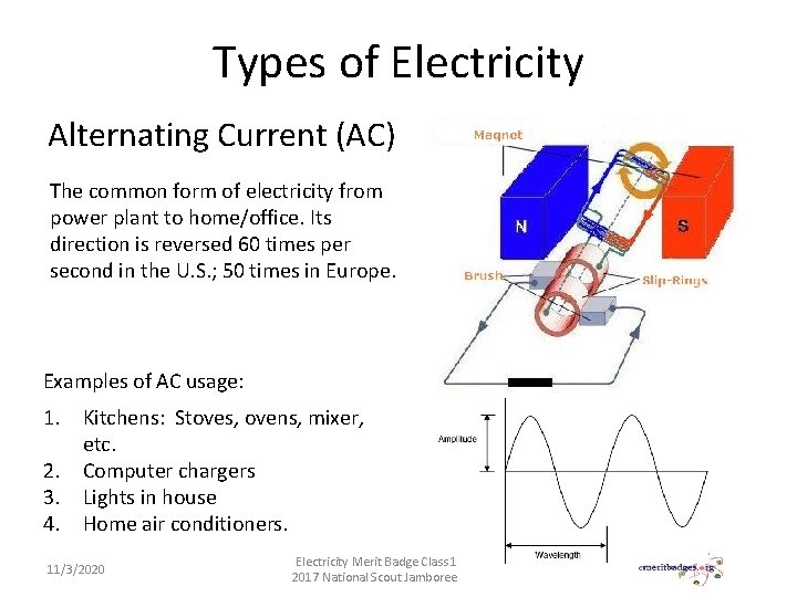 Types of Electricity Alternating Current (AC) The common form of electricity from power plant