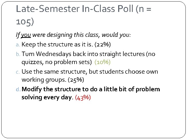 Late-Semester In-Class Poll (n = 105) If you were designing this class, would you: