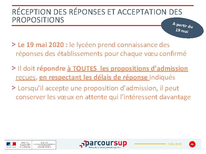 RÉCEPTION DES RÉPONSES ET ACCEPTATION DES PROPOSITIONS A part ir du 19 mai >