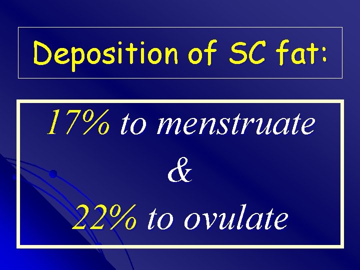 Deposition of SC fat: 17% to menstruate & 22% to ovulate 