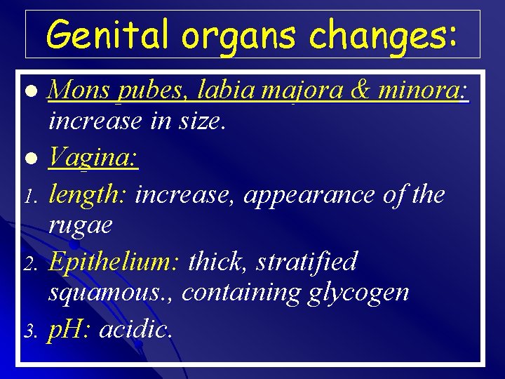 Genital organs changes: Mons pubes, labia majora & minora: increase in size. l Vagina: