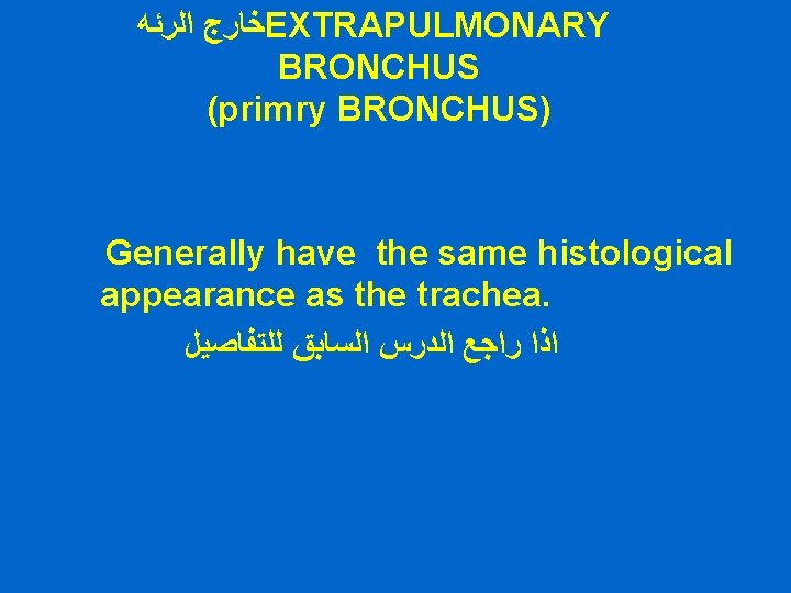  ﺧﺎﺭﺝ ﺍﻟﺮﺋﻪ EXTRAPULMONARY BRONCHUS (primry BRONCHUS) Generally have the same histological appearance as