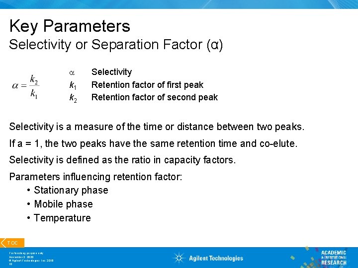 Key Parameters Selectivity or Separation Factor (α) a k 1 k 2 Selectivity Retention