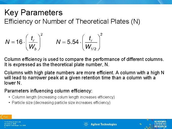 Key Parameters Efficiency or Number of Theoretical Plates (N) Column efficiency is used to