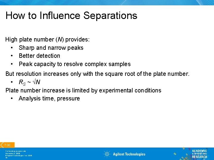How to Influence Separations High plate number (N) provides: • Sharp and narrow peaks