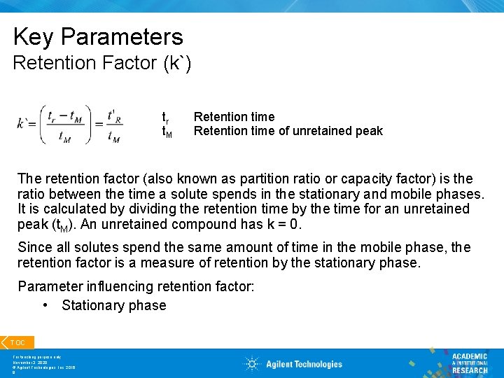 Key Parameters Retention Factor (k`) tr t. M Retention time of unretained peak The