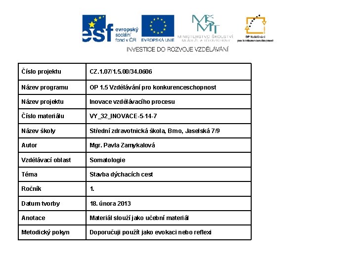 Číslo projektu CZ. 1. 07/1. 5. 00/34. 0606 Název programu OP 1. 5 Vzdělávání