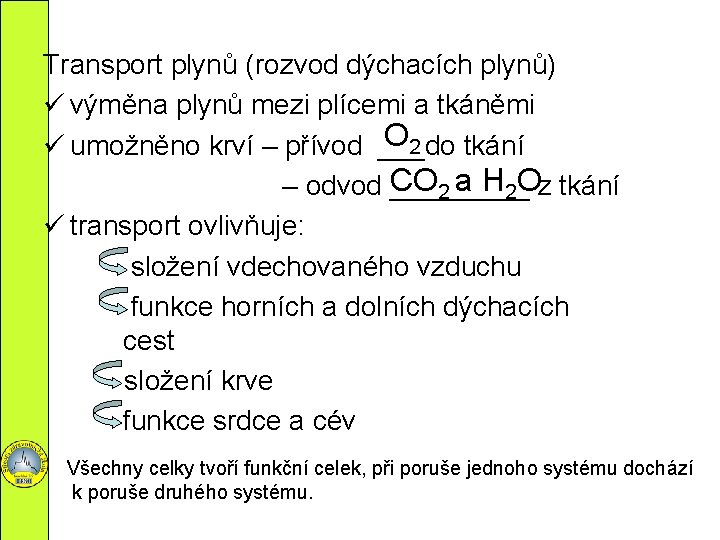 Transport plynů (rozvod dýchacích plynů) ü výměna plynů mezi plícemi a tkáněmi O 2