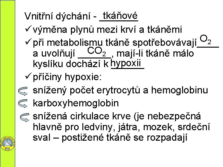 tkáňové Vnitřní dýchání - _______ ü výměna plynů mezi krví a tkáněmi O 2