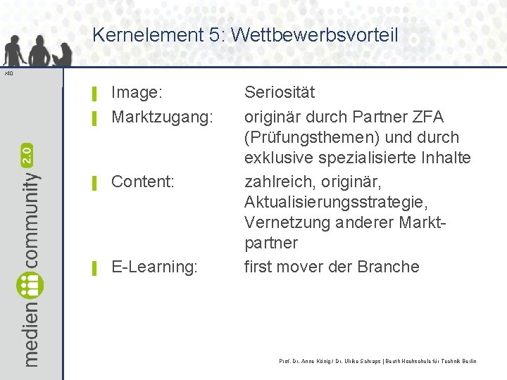 Kernelement 5: Wettbewerbsvorteil /40 ▌ Image: Marktzugang: ▌ Content: ▌ E-Learning: ▌ Seriosität originär