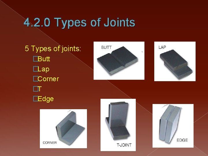 4. 2. 0 Types of Joints 5 Types of joints: �Butt �Lap �Corner �T