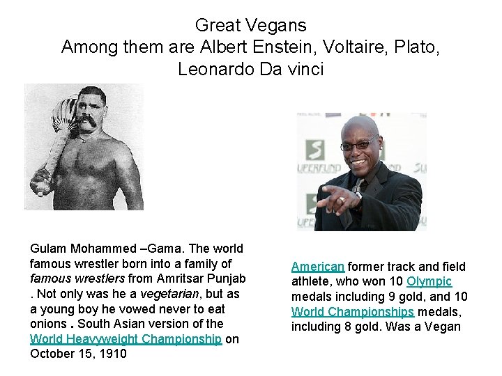Great Vegans Among them are Albert Enstein, Voltaire, Plato, Leonardo Da vinci Gulam Mohammed