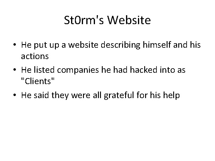 St 0 rm's Website • He put up a website describing himself and his