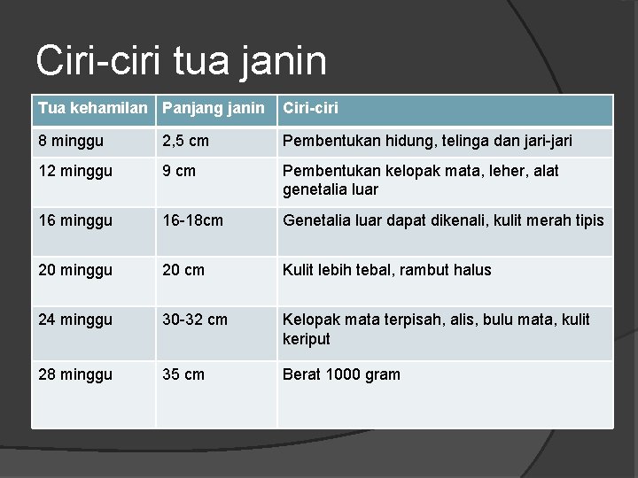Ciri-ciri tua janin Tua kehamilan Panjang janin Ciri-ciri 8 minggu 2, 5 cm Pembentukan