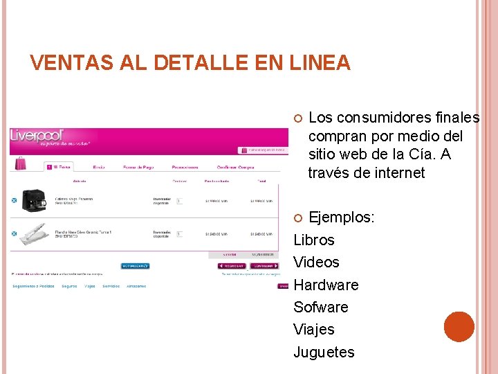 VENTAS AL DETALLE EN LINEA Los consumidores finales compran por medio del sitio web