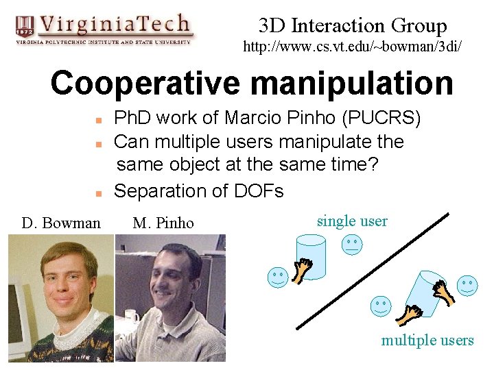 3 D Interaction Group http: //www. cs. vt. edu/~bowman/3 di/ Cooperative manipulation n D.