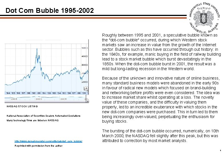 Dot Com Bubble 1995 -2002 Roughly between 1995 and 2001, a speculative bubble known Dot Com Bubble 1995 -2002 Roughly between 1995 and 2001, a speculative bubble known