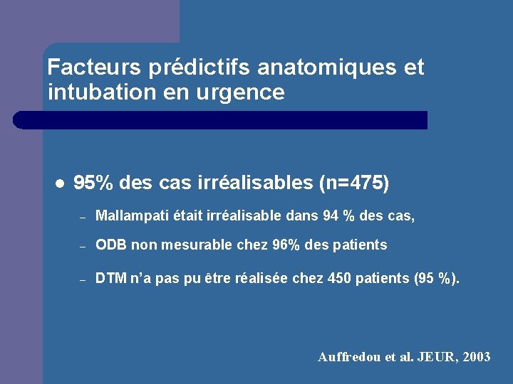 Facteurs prédictifs anatomiques et intubation en urgence l 95% des cas irréalisables (n=475) –