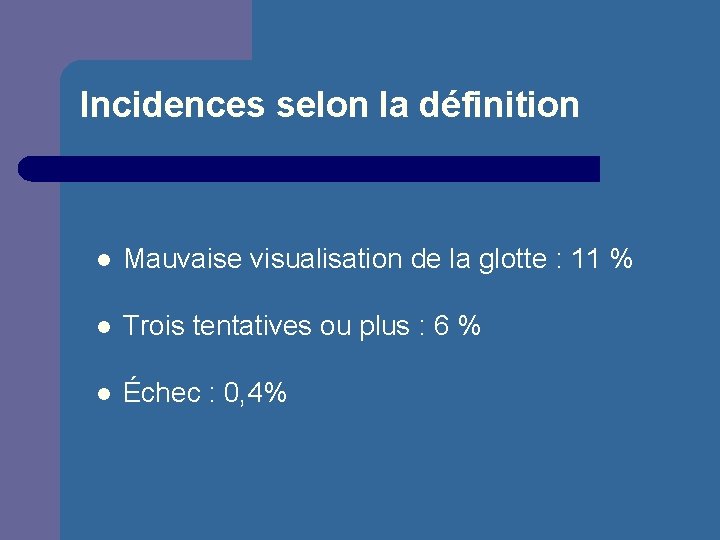 Incidences selon la définition l Mauvaise visualisation de la glotte : 11 % l