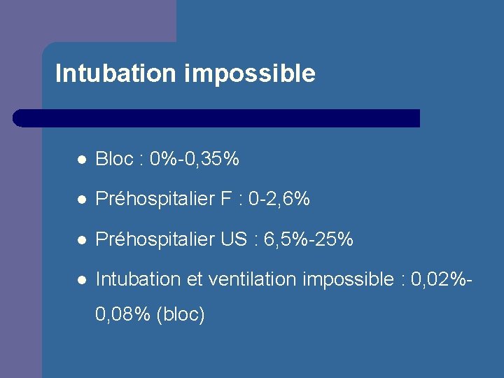 Intubation impossible l Bloc : 0%-0, 35% l Préhospitalier F : 0 -2, 6%