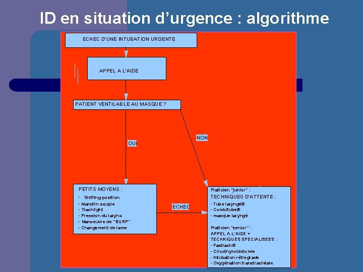 ID en situation d’urgence : algorithme ECHEC D'UNE INTUBATION URGENTE APPEL A L'AIDE PATIENT