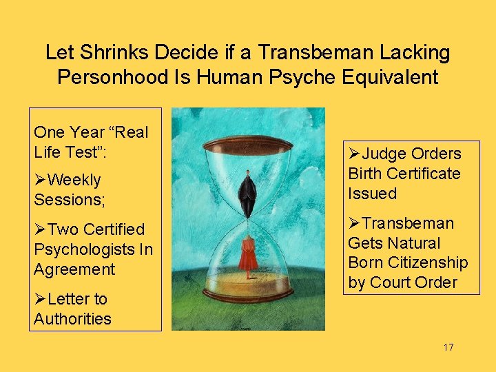 Let Shrinks Decide if a Transbeman Lacking Personhood Is Human Psyche Equivalent One Year