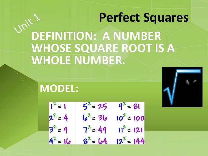 1 t i n Perfect Squares U DEFINITION: A NUMBER WHOSE SQUARE ROOT IS 1 t i n Perfect Squares U DEFINITION: A NUMBER WHOSE SQUARE ROOT IS