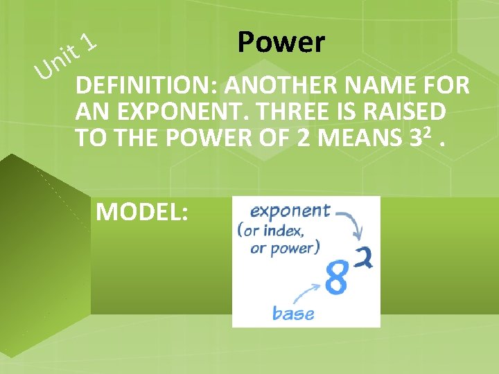 Power 1 t i Un DEFINITION: ANOTHER NAME FOR AN EXPONENT. THREE IS RAISED Power 1 t i Un DEFINITION: ANOTHER NAME FOR AN EXPONENT. THREE IS RAISED