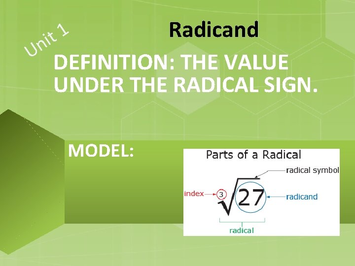 Radicand U DEFINITION: THE VALUE UNDER THE RADICAL SIGN. 1 t i n MODEL: Radicand U DEFINITION: THE VALUE UNDER THE RADICAL SIGN. 1 t i n MODEL: