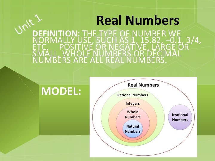 U 1 t i n Real Numbers DEFINITION: THE TYPE OF NUMBER WE NORMALLY U 1 t i n Real Numbers DEFINITION: THE TYPE OF NUMBER WE NORMALLY