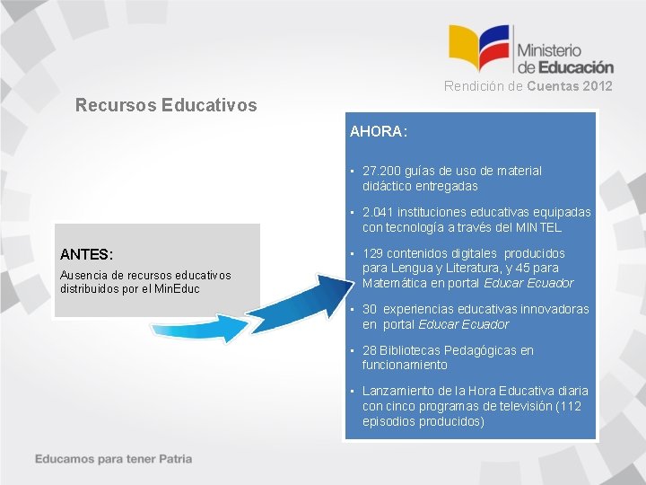 Rendición de Cuentas 2012 Recursos Educativos AHORA: • 27. 200 guías de uso de