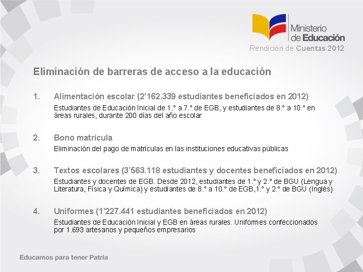 Rendición de Cuentas 2012 Eliminación de barreras de acceso a la educación 1. Alimentación