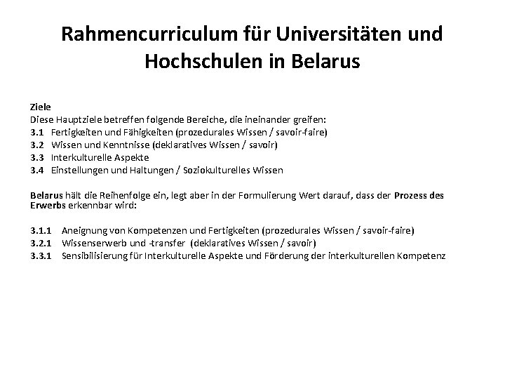 Rahmencurriculum für Universitäten und Hochschulen in Belarus Ziele Diese Hauptziele betreffen folgende Bereiche, die