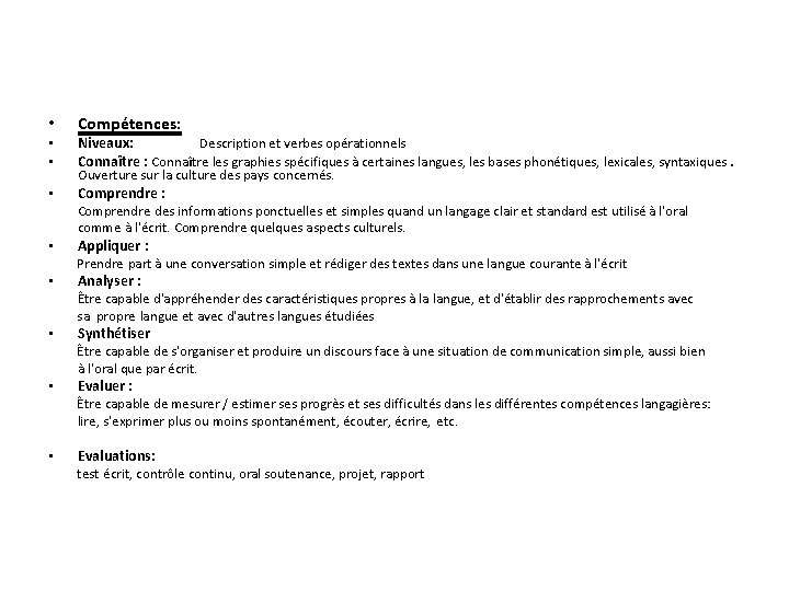  • • Compétences: Niveaux: Description et verbes opérationnels Connaître : Connaître les graphies