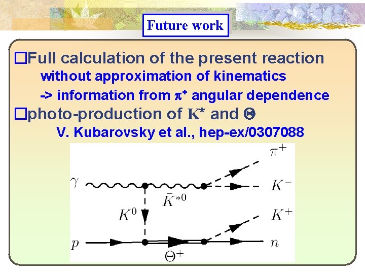 Future work �Full calculation of the present reaction without approximation of kinematics -> information