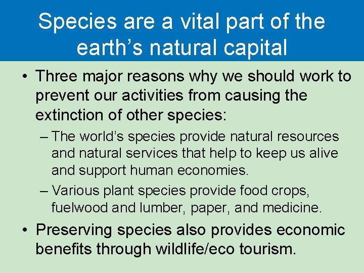 Species are a vital part of the earth’s natural capital • Three major reasons