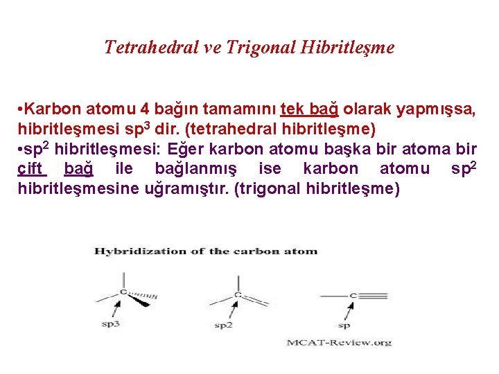 Tetrahedral ve Trigonal Hibritleşme • Karbon atomu 4 bağın tamamını tek bağ olarak yapmışsa,