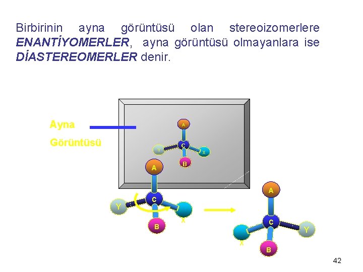 Birbirinin ayna görüntüsü olan stereoizomerlere ENANTİYOMERLER, ayna görüntüsü olmayanlara ise DİASTEREOMERLER denir. Ayna A