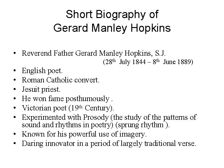 Short Biography of Gerard Manley Hopkins • Reverend Father Gerard Manley Hopkins, S. J.