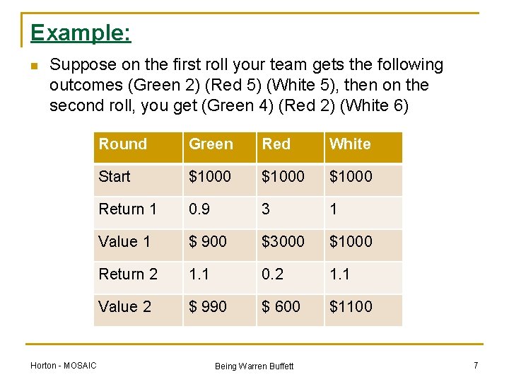 Example: n Suppose on the first roll your team gets the following outcomes (Green