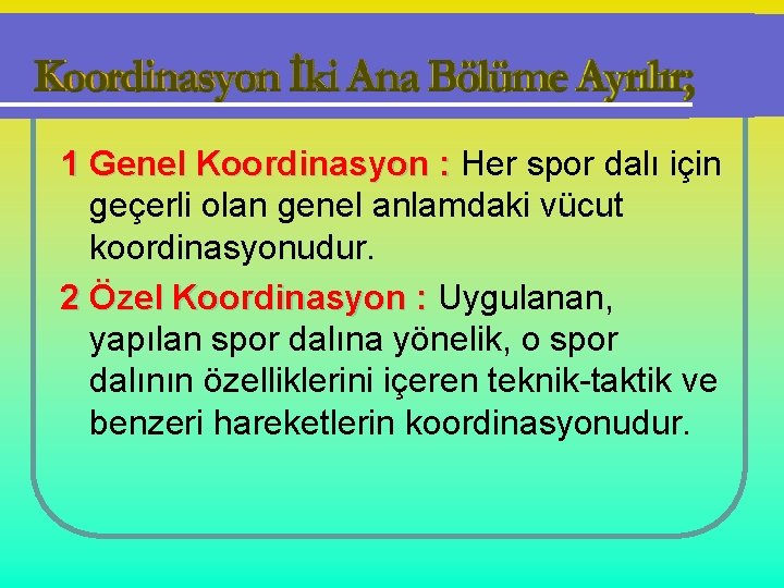 1 Genel Koordinasyon : Her spor dalı için geçerli olan genel anlamdaki vücut koordinasyonudur.