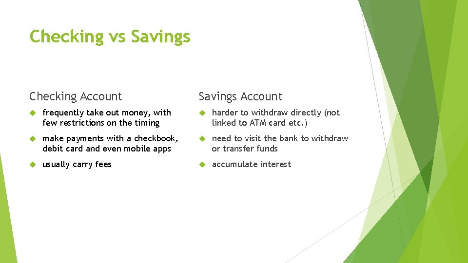 Checking vs Savings Checking Account Savings Account frequently take out money, with few restrictions