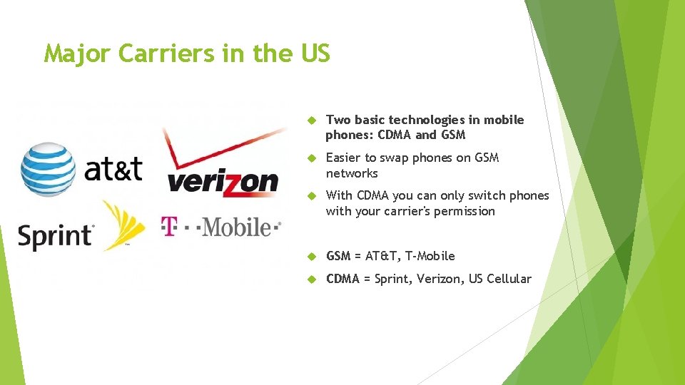Major Carriers in the US Two basic technologies in mobile phones: CDMA and GSM