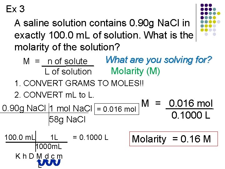 Ex 3 A saline solution contains 0. 90 g Na. Cl in exactly 100.