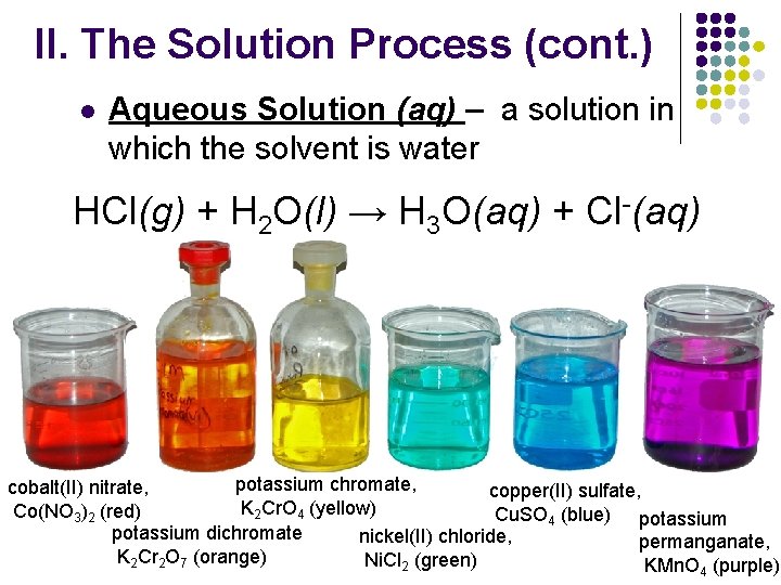 II. The Solution Process (cont. ) l Aqueous Solution (aq) – a solution in