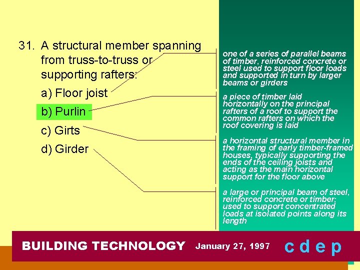 31. A structural member spanning from truss-to-truss or supporting rafters: a) Floor joist b)