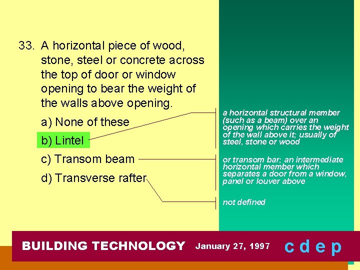 33. A horizontal piece of wood, stone, steel or concrete across the top of