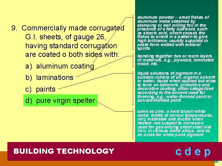 9. Commercially made corrugated G. I. sheets, of gauge 26, having standard corrugation are