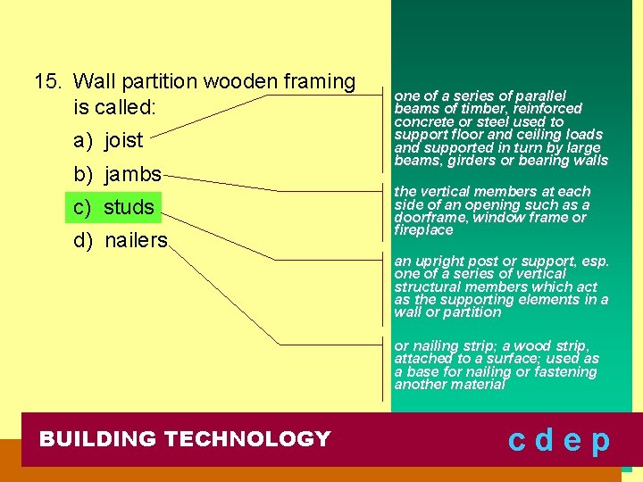15. Wall partition wooden framing is called: a) joist b) jambs c) studs d)